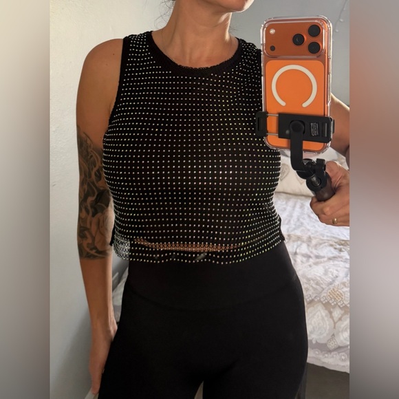 Rachel Zoe Black Rhinestone Mesh Top | XS Fits S–M | Modeled on Size M - Picture 2 of 10